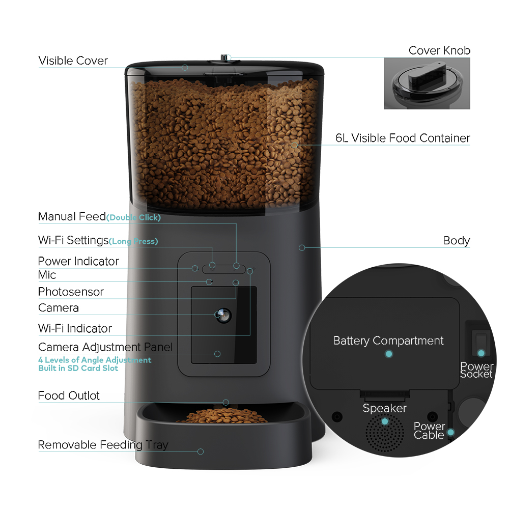 Video-WiFi-knop van 6 liter, slimme automatische voerbak voor huisdieren, APP, timing, voeding, spraakopnamecamera voor honden, katten, voerbak voor huisdieren